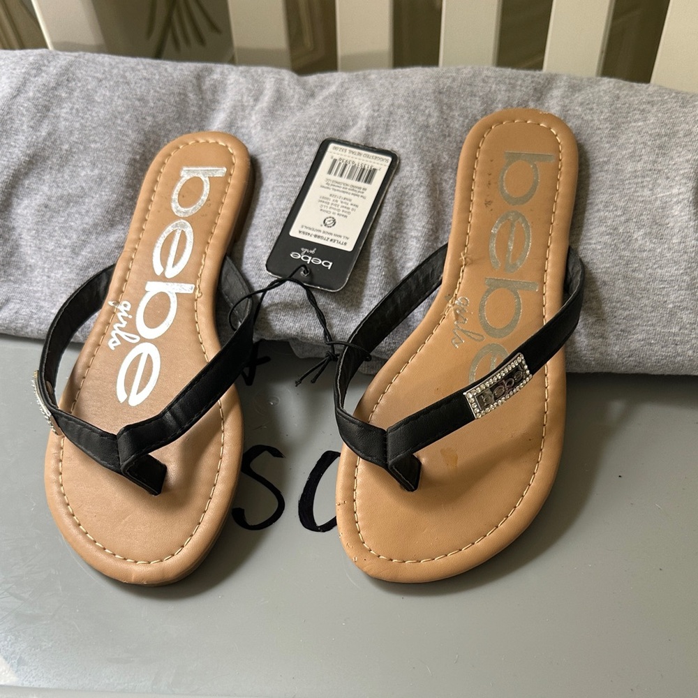 Bebe Black and Tan Sandals with Rhinestone Accent